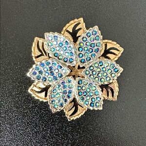 Vintage Blue AB Pavé Crystal Flower & Leaf Brooch Gold Tone Mid-Century EUC